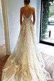A Line Spaghetti Straps Deep V Neck Ivory with Pockets Tulle Open Back Wedding Dresses