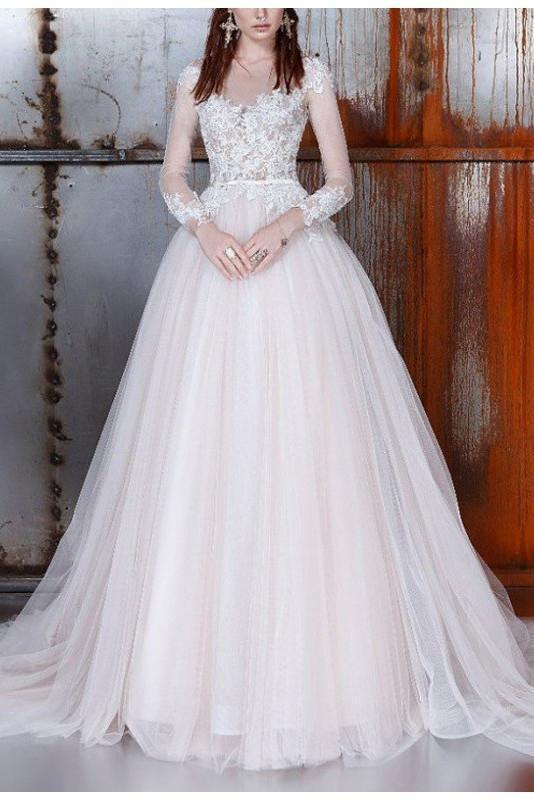 Long A-Line Long Sleeve Tulle Lace Plus Size Princess Elegant Wedding Dress