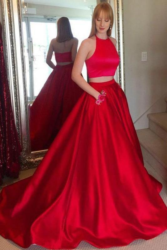 Cheap A Line Two Piece Long Red Satin Halter Sleeveless Prom Dresses with Pockets