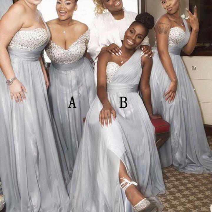 A Line Sweetheart Grey Beading One Shoulder Bridesmaid Dresses