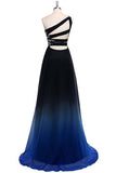 One Shoulder Blue and Black Chiffon A-Line Ombre Appliques Open Back Prom Dresses