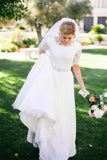 A Line Half Sleeve Ivory Lace with Satin Round Neck Beads Button Cheap Wedding Dresses