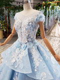 Princess Light Blue Ball Gown Cap Sleeve Prom Dresses with 3D Flowers Quinceanera Dress