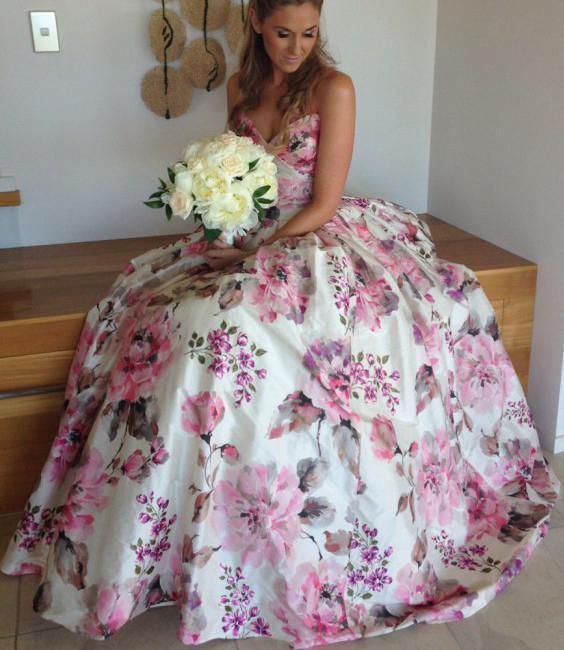 Ball Gown Printed Satin Sweetheart Spaghetti Straps Sleeveless Prom Dress Wedding Dress