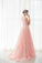 Pink lace round neck A-line long prom dresses for teens graduation