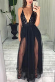 Sexy Black Spaghetti Straps Deep V Neck High Slit Tulle with Beads Prom Dresses