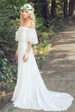A Line Off the Shoulder Bohemian Lace Chiffon Ivory Summer Beach Wedding Dresses