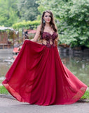 Sweetheart Appliques Beading Strapless Red A-Line Chiffon See-through Fashion Prom Dresses