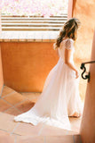 Cheap Sweetheart Beading Cap Sleeve Beads Chiffon A-Line Open Back Ruffles Wedding Dress