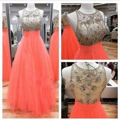 Prom Dresses Scoop Long Tulle Coral Beads Sheer Back High Neck Sleeveless Evening Dress