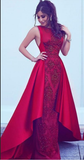 2022 Long New Style Red Scoop Sleeveless Mermaid Satin Beads Prom Dresses