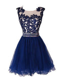 Navy Blue Lace Short Prom Dress With Waist Beads Royal Blue Mini Length Homecoming Dress