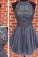 Sexy Backless Junior Short Open Back Halter Beads Tulle Gray Prom Dress Homecoming Dress