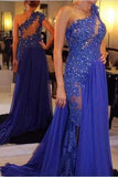 One Shoulder A-Line Long Cheap Prom Dresses Royal Blue Evening Dress Prom Gowns