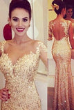 Mermaid Sweetheart Long Sleeves Gold Backless Evening Dresses with Appliques