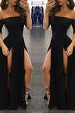 Sexy Black Long Off-the-Shoulder A-Line Half Sleeve Scoop Sexy Slit Prom Dresses