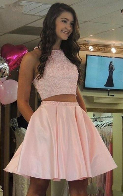 Two Pieces Beaded Fashion Sexy Short Satin Cute New Style Homecoming Dress