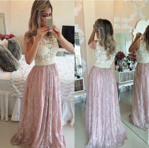 2019 Pink Prom Gowns Lace Evening Dresses Beading Long Beautiful Pink Formal Dress