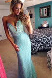 2022 sexy light blue beading sweetheart A-Line long spaghetti straps prom dresses