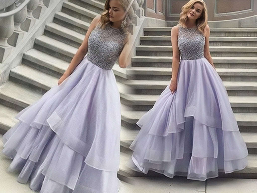 Princess A Line Layers Tulle Appliques Beading Evening Dresses