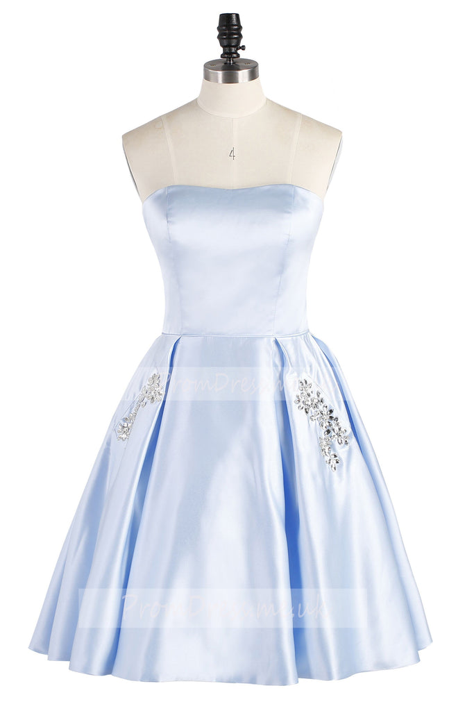 Light Sky Blue Strapless Satin Lace up Knee Length with Pockets Homecoming Dresses