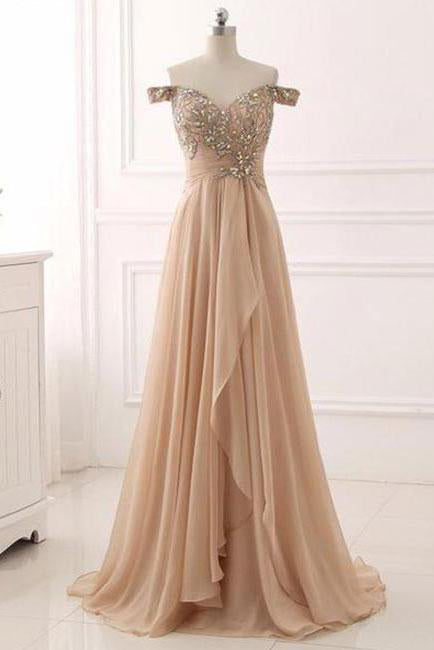 A Line Chiffon Sweetheart Off the Shoulder Beads Open Back Cheap Prom Dresses