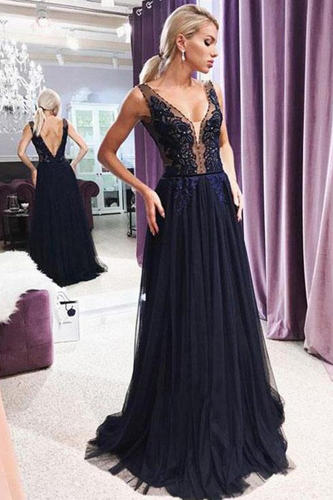Modest A Line V Neck Open Back Navy Blue Lace Long Prom Dresses with Beading