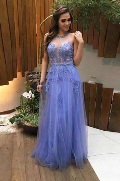 Tulle lace see-through open back sexy A-line long prom dresses evening