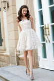 A-Line Princess Sweetheart Sleeveless Rhinestone Short Mini Lace Homecoming Dresses
