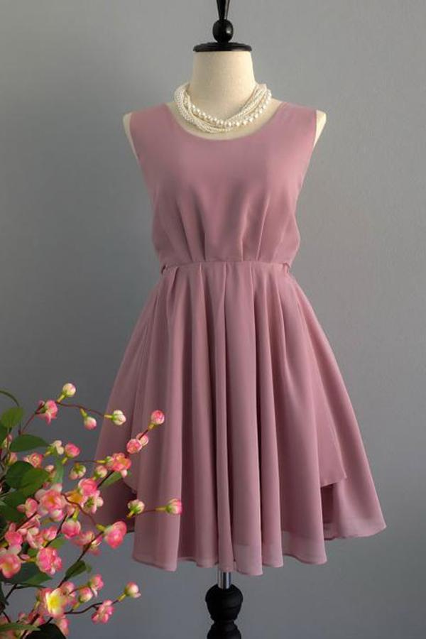 A Line Backless Dusty Rose Homecoming Dresses Scoop Chiffon Short Bridesmaid Dresses