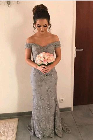New Arrival Off The Shoulder Grey Beads Backless Mermaid Long Prom Dresses