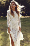 A line Ivory Long Sleeve Wedding Dresses Lace High Neck Wedding Gowns