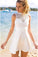 Short Open Back White Appliques Short Stretch Satin Homecoming Dress with Lace