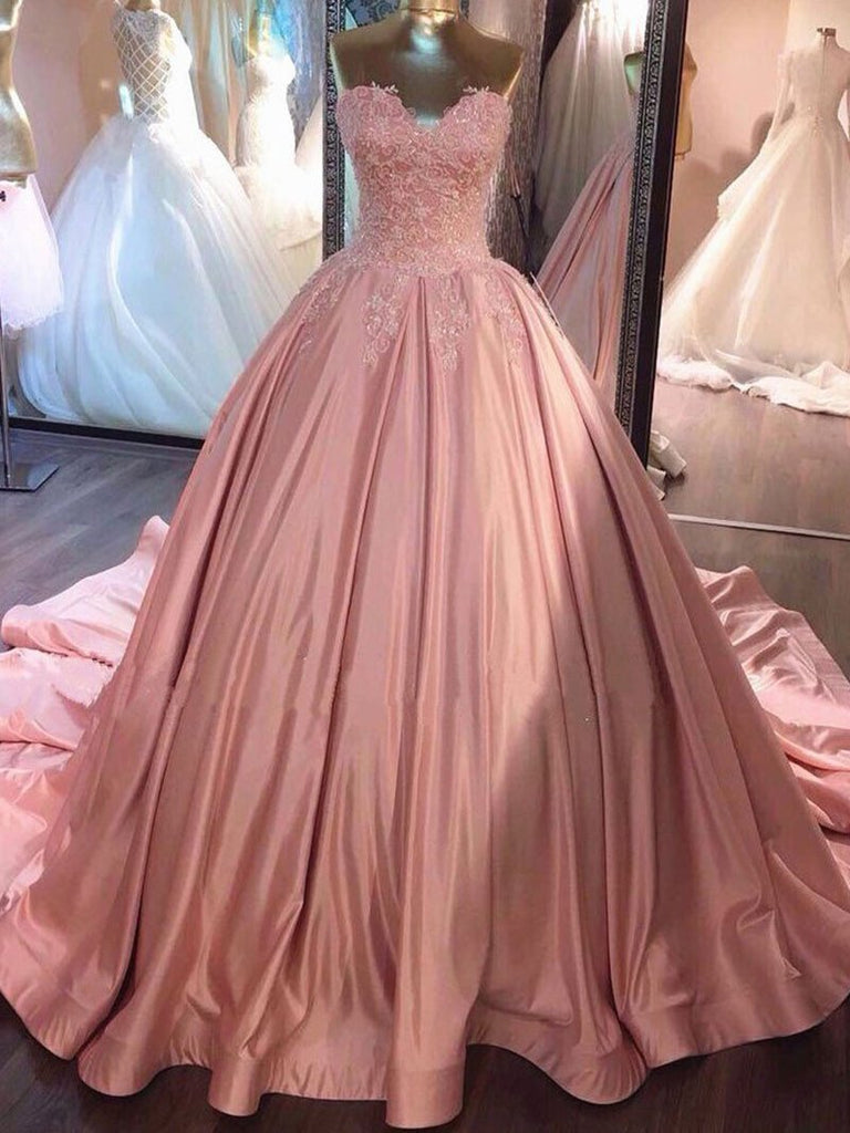 Ball Gown Pink Strapless Appliques Sweetheart Sweep Train Satin Evening Dresses