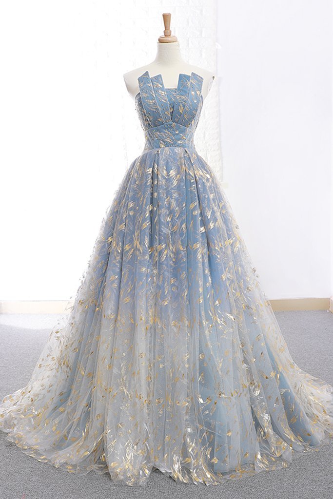 Elegant A Line Blue Tulle Long Strapless Lace up Gold Evening Dress,Prom Dresses uk PW223