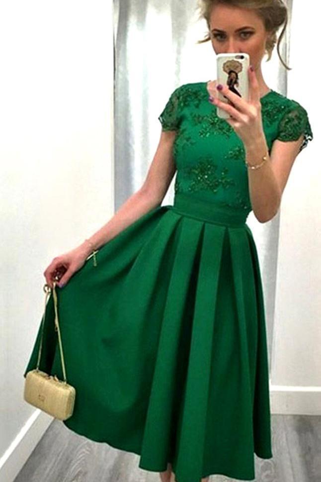 Casual A-line Scoop Satin Appliques Lace Knee-length Backless Short Sleeve Prom Dresses