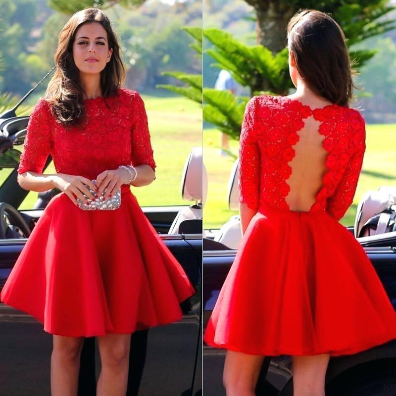Red Cocktail Dress Sexy Long sleeve Backless Lace homecoming