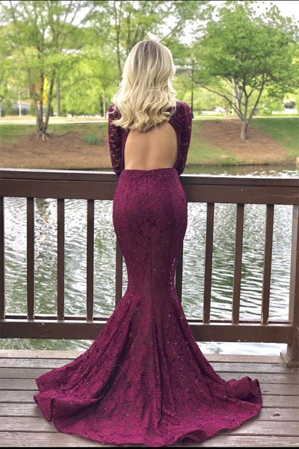 Charming High Neck Burgundy Long Sleeve Lace Mermaid Open Back Prom Dresses
