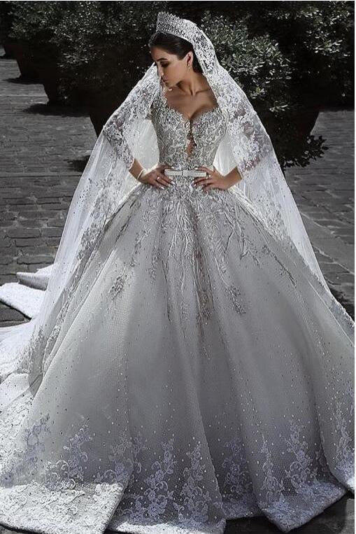 Sexy Ball Gown Sweetheart Long Sleeve Lace Appliques Tulle Long Wedding Dresses