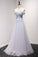Sky Blue A-Line Off-the-Shoulder Floor-Length Tulle Prom Dresses with Appliques Lace