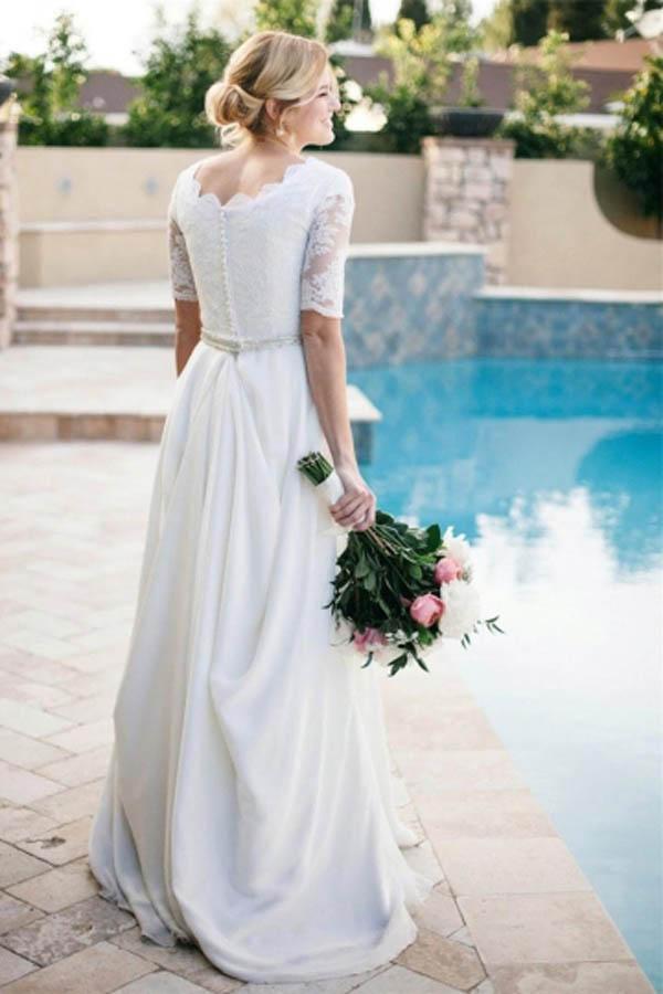 A Line Half Sleeve Ivory Lace with Satin Round Neck Beads Button Cheap Wedding Dresses