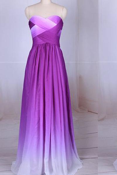 Simple Purple Strapless Sweetheart A-Line Chiffon Ombre Backless Prom Dresses