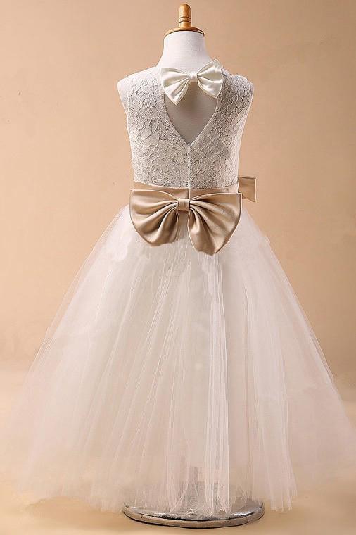 Ball Gown Jewel Sleeveless Bowknot Long Tulle Flower Girl Dresses With Sash