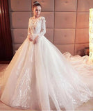 2022 Gorgeous Scoop Lace Appliques Flowers White Organza Long Sleeve Wedding Dresses