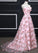 Pink A-line Sweetheart Strapless Sweep Train Floral Print Long Lace Prom Dresses with flowers