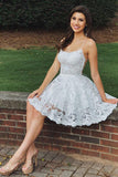 A Line Sweetheart Spaghetti Straps Backless White Lace Appliques Short Homecoming Dresses
