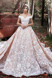 2022 A-Line Off the Shoulder Ball Gown Court Train Tulle Appliques Wedding Dresses