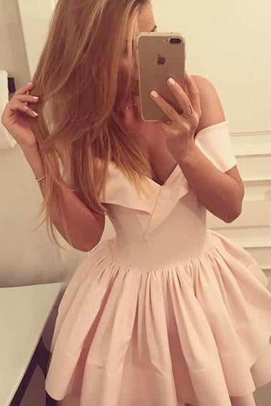 A-Line Off-the-Shoulder V-Neck Ruffles Short Pink Mini Satin Homecoming Dress