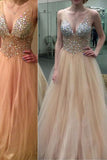 A-Line V-Neck Rhinestone Sleeveless Floor-Length Tulle Zipper-up Prom Dresses