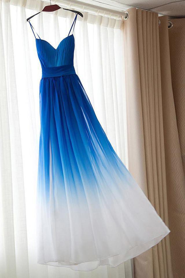 Royal Blue White Ombre Long Bridesmaid Dress A-line Sweetheart Chiffon Prom Dresses